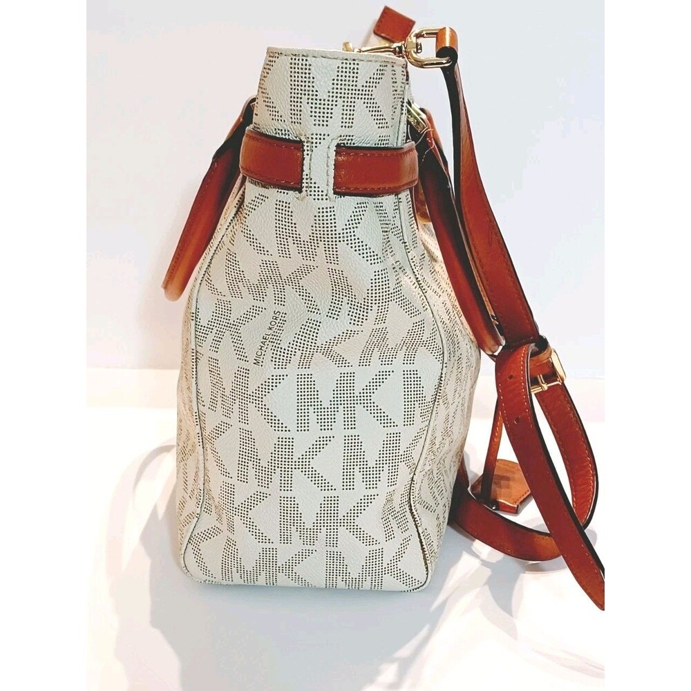 Michael Kors Cream MK Logo Canvas Crossbody with Brown Leather Trim - Picture 6 of 13